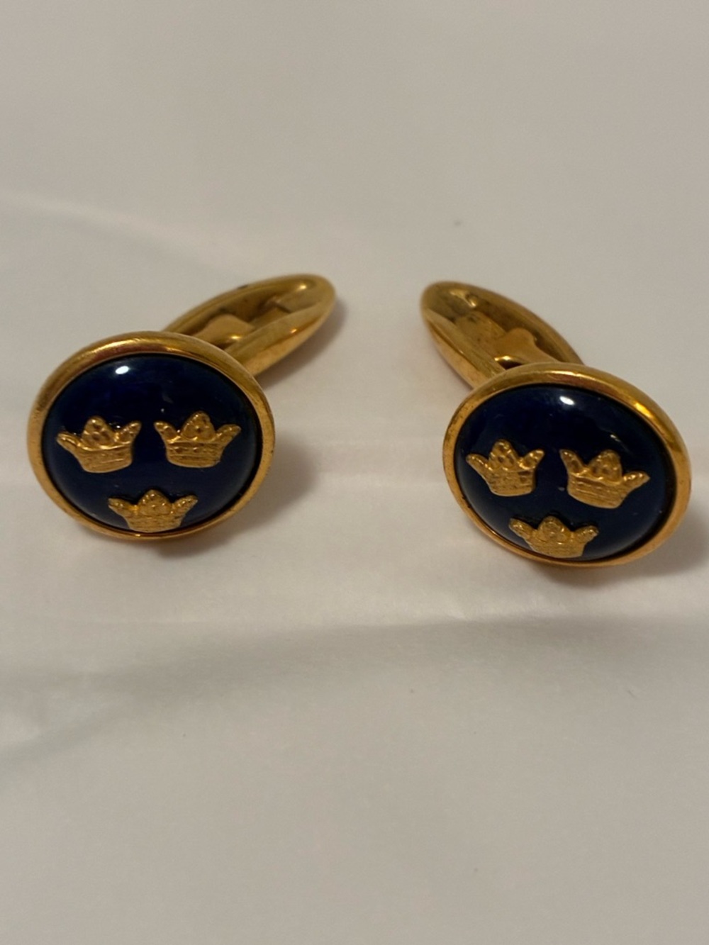 Sporrong & Co. Vintage Swedish Gold-Tone Blue Enamel Cufflinks with Three Crowns